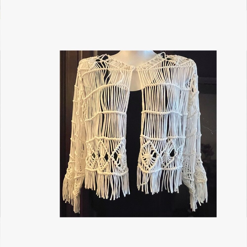 RARE Chico's Black Label Macrame Fringe Cardigan Boho